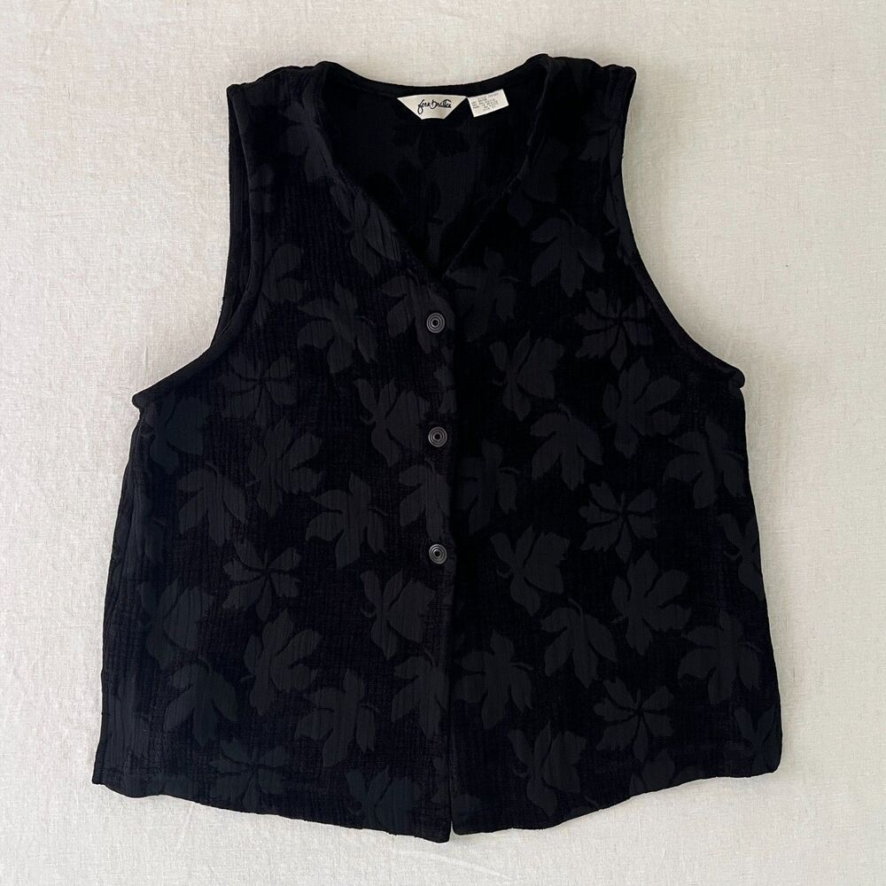 VTG 90s Fern Bratten Black Textured Leaf Pattern Button-Up Lagenlook Vest Sz 1X